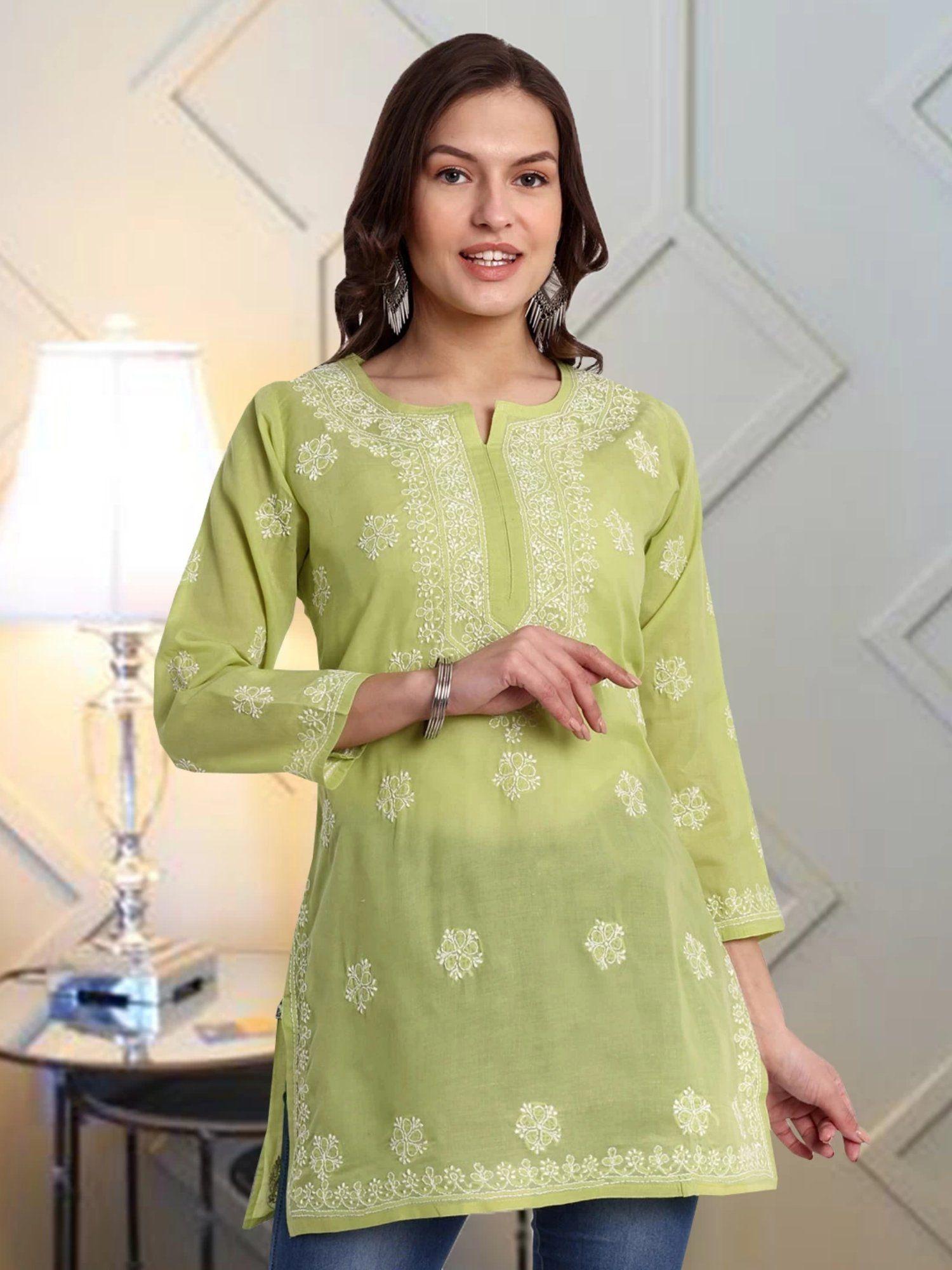 women ethnic motifs hand embroidered lucknow chikankari pear green cotton kurti