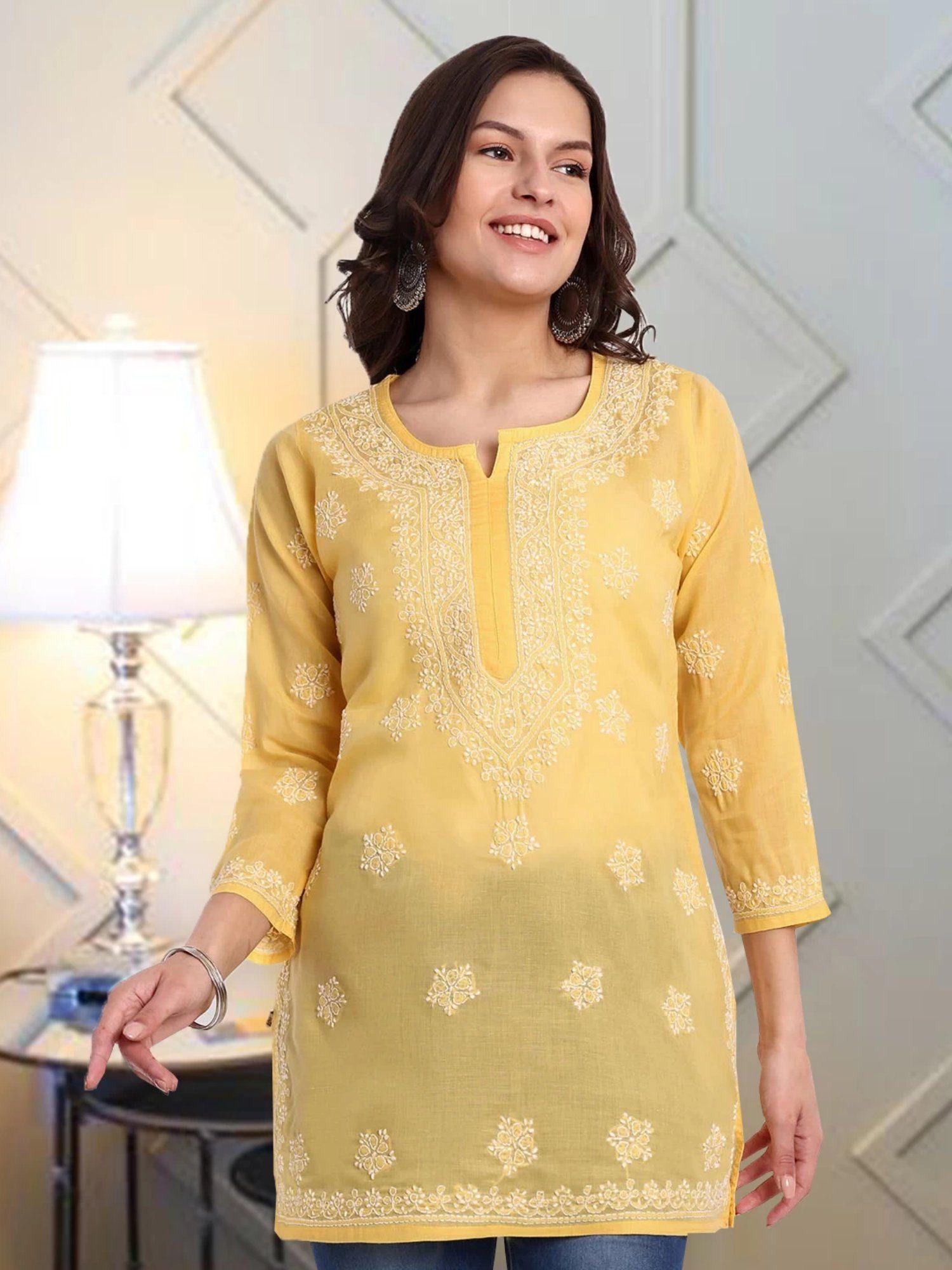 women ethnic motifs hand embroidered lucknow chikankari yellow cotton kurti