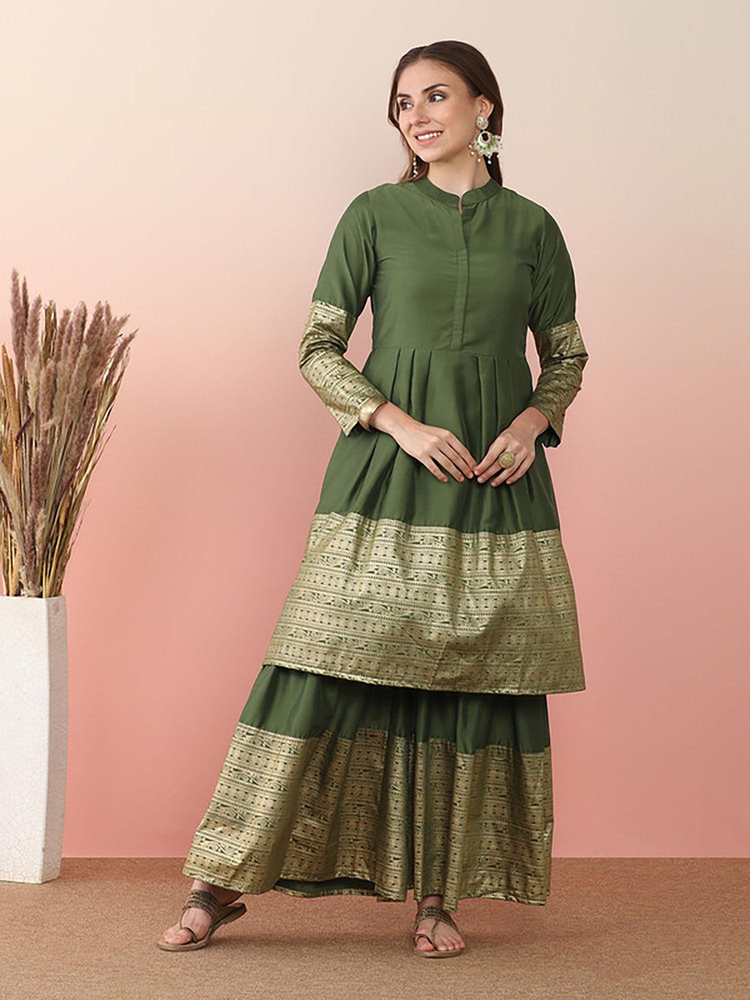 women ethnic motifs printed pleated kurta with sharara (set of 2)