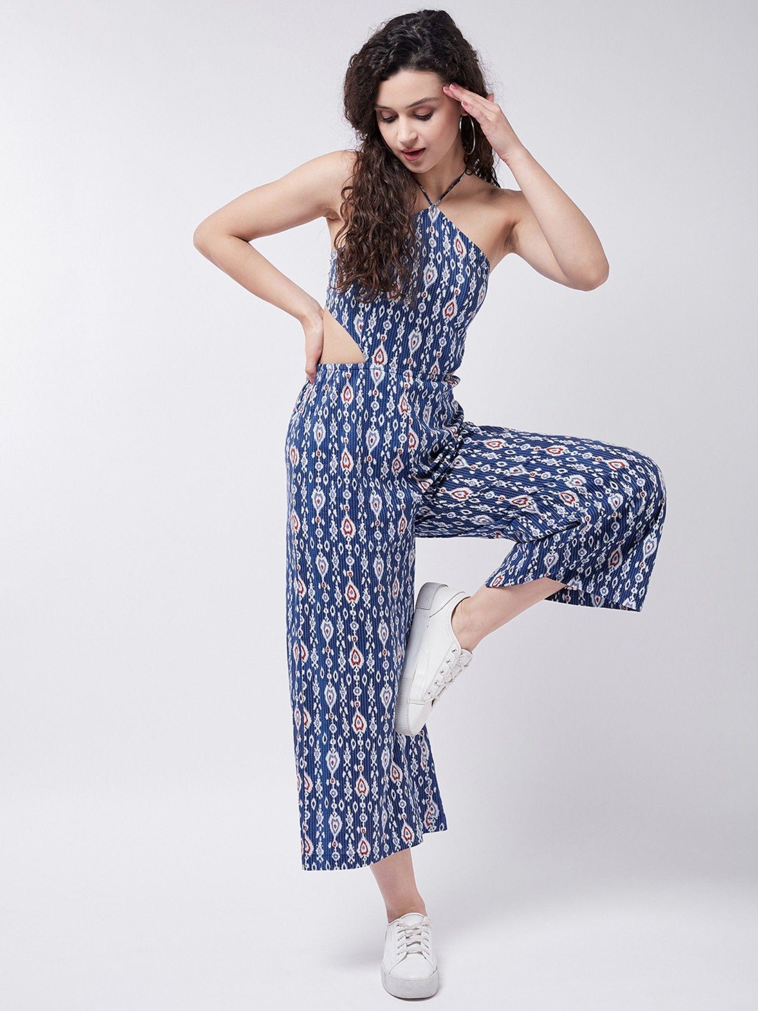 women ethnic printed jumpsuit with halter neck