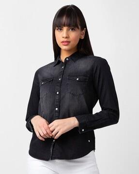 women faded relaxed fit shirt with flap pockets