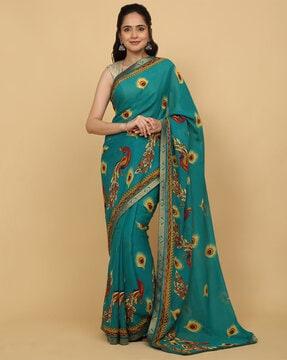 women feather print poly silk saree