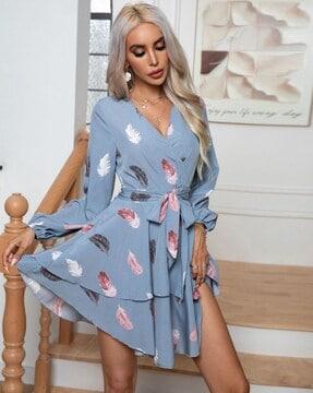 women feather print wrap dress with tie-up belt