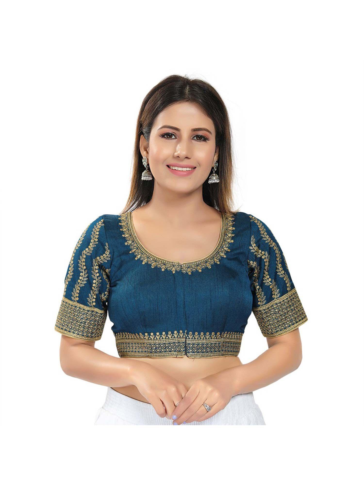 women fire blue silk embroidered readymade saree blouse