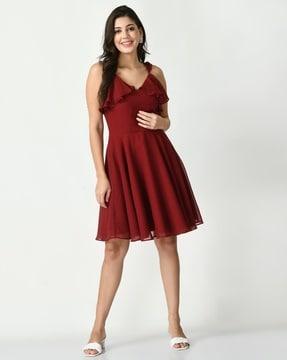 women fit & flare dress with frill accent