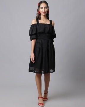 women fit & flare dress with off-shoulder sleeves