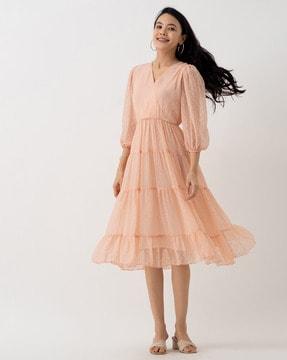 women fit & flare dress with puff sleeves