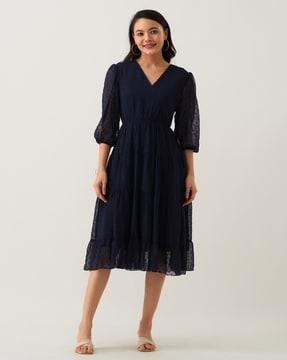 women fit & flare dress with puff sleeves