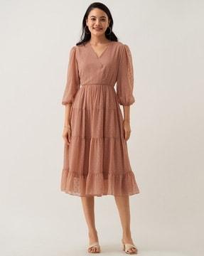 women fit & flare dress with puff sleeves