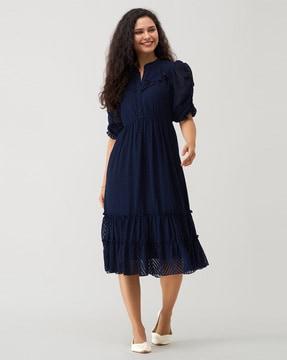 women fit & flare dress with puff sleeves