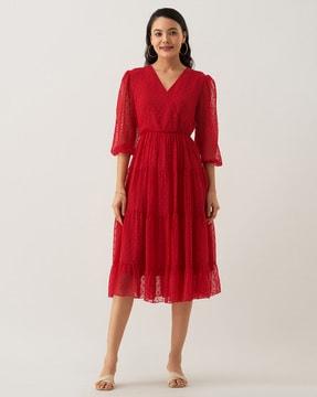 women fit & flare dress with puff sleeves