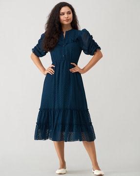 women fit & flare dress with puff sleeves