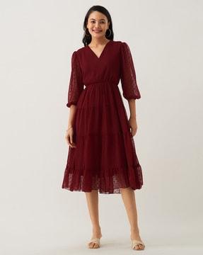 women fit & flare dress with puff sleeves