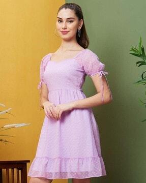 women fit & flare dress with puff sleeves