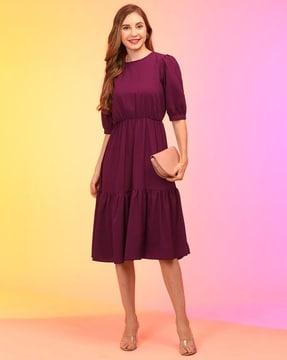 women fit & flare dress with puff sleeves