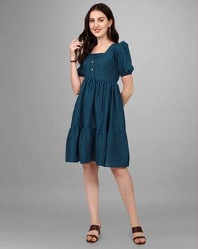 women fit & flare dress with puffed-sleeves