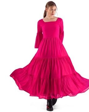 women fit & flare dress with ruffled-sleeves