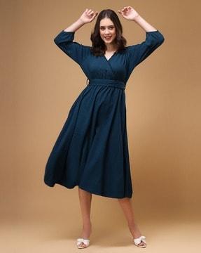 women fit & flare dress with tie-up belt