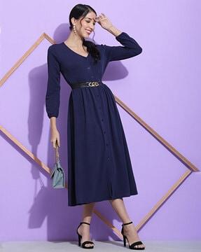 women fit & flare dress with v-neck