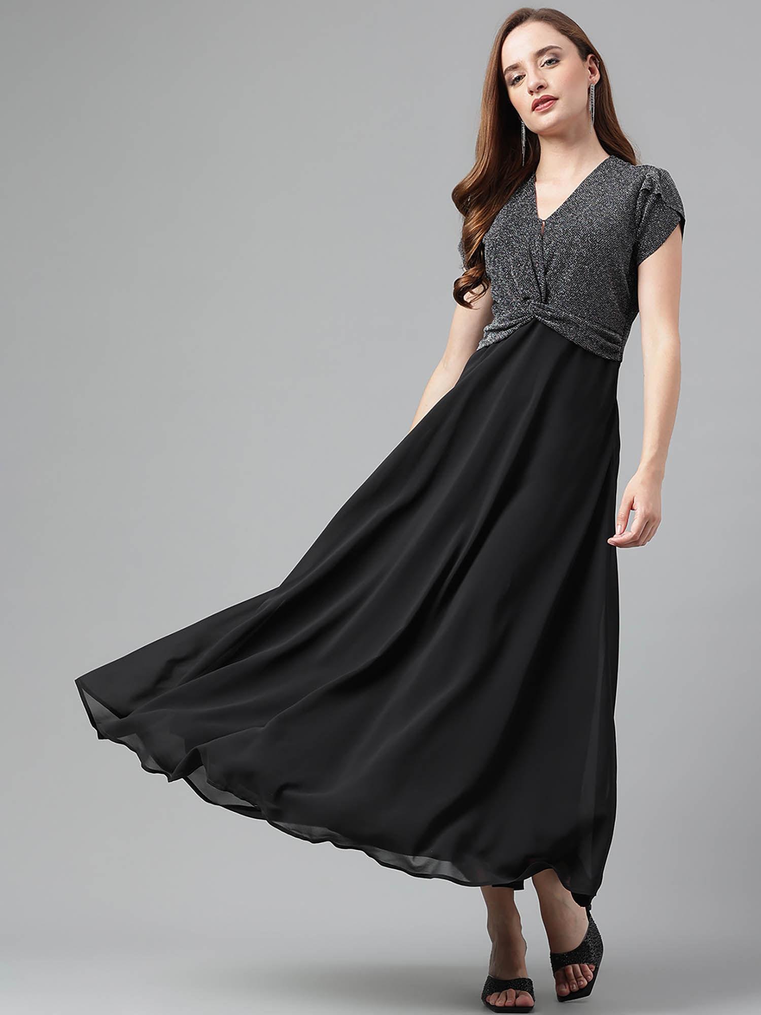 women fit & flare textured black color maxi dress