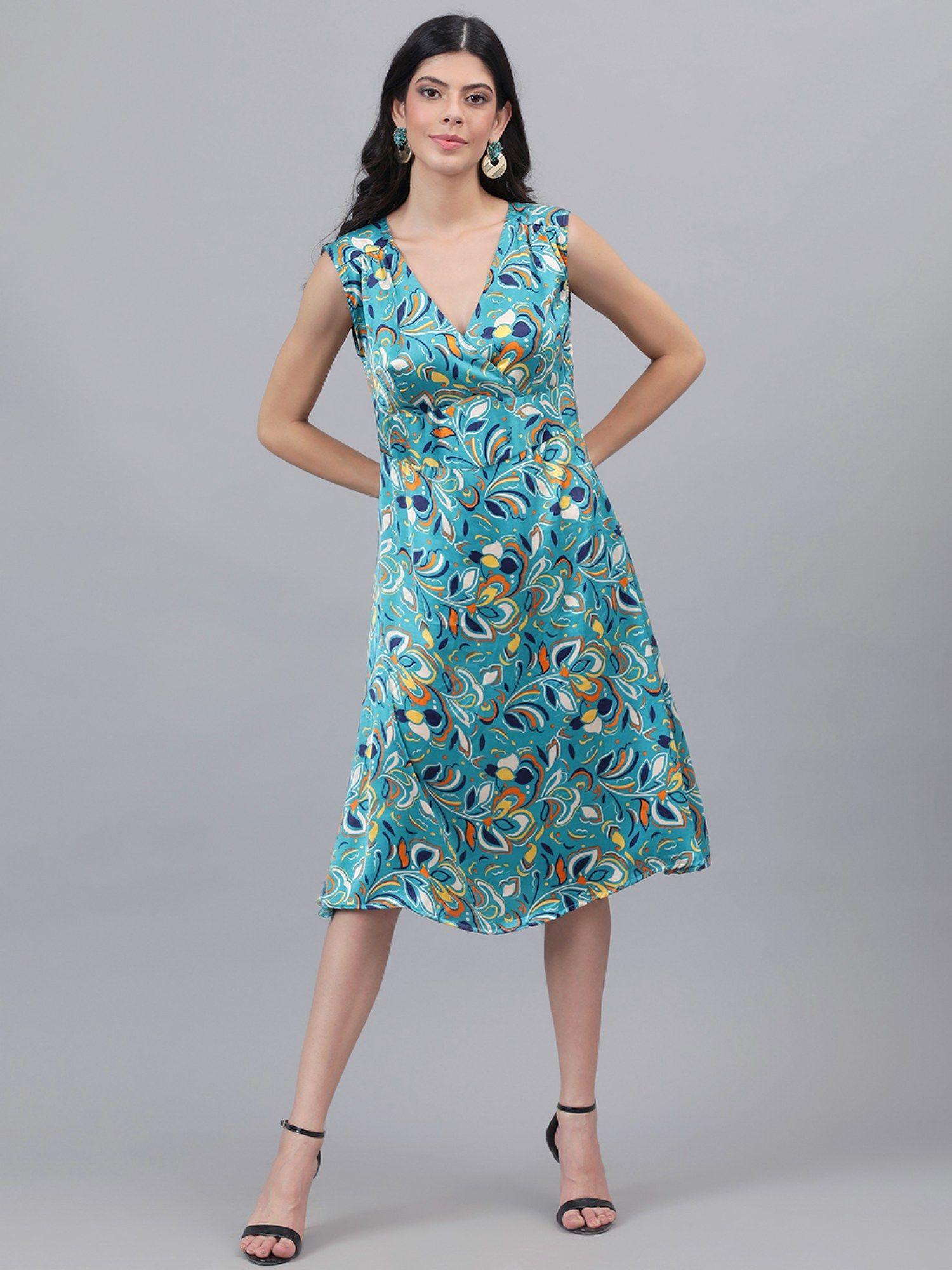 women fit & flared blue printed knee length dress