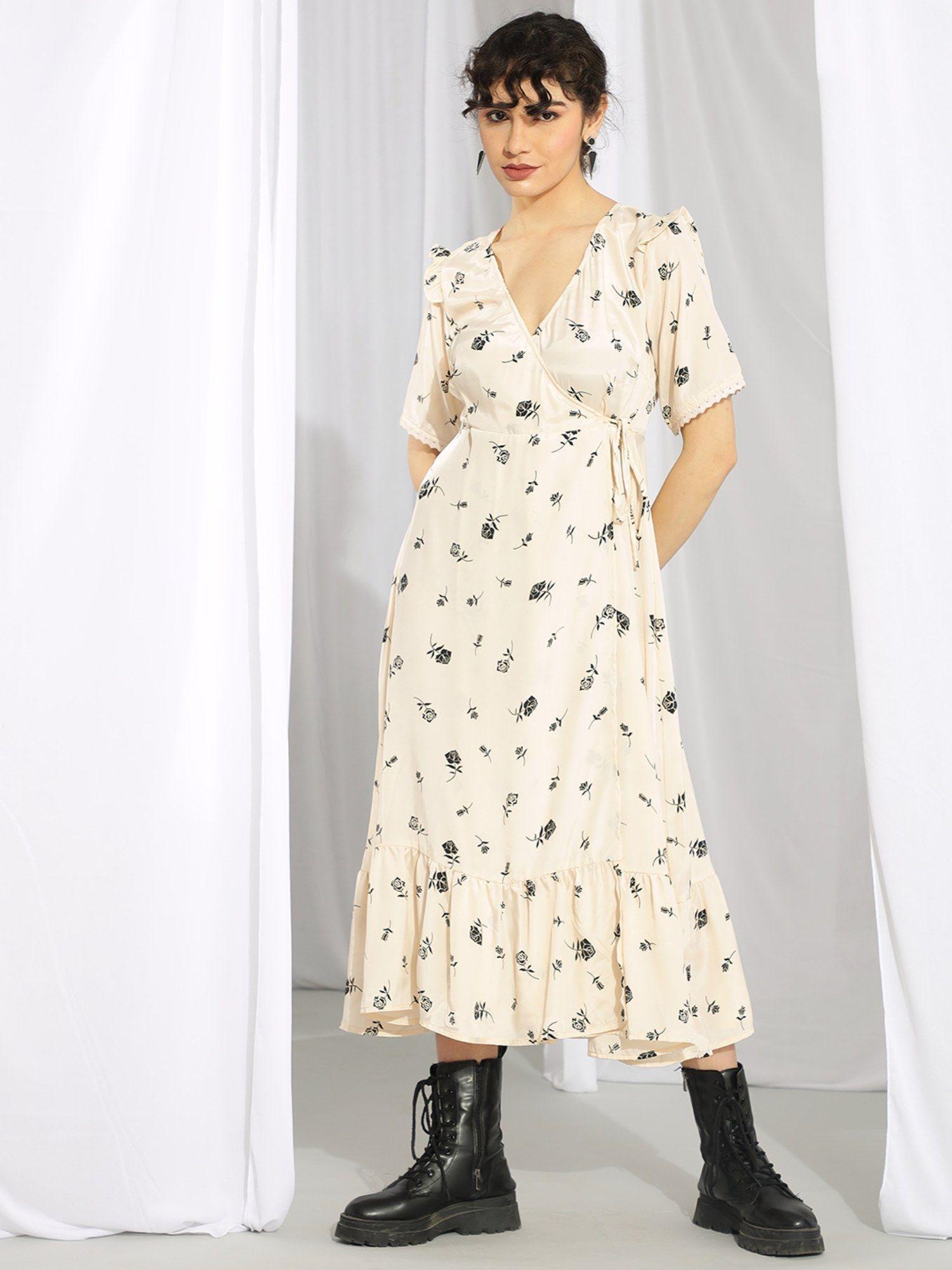 women fit & flared floral print cream midi dress