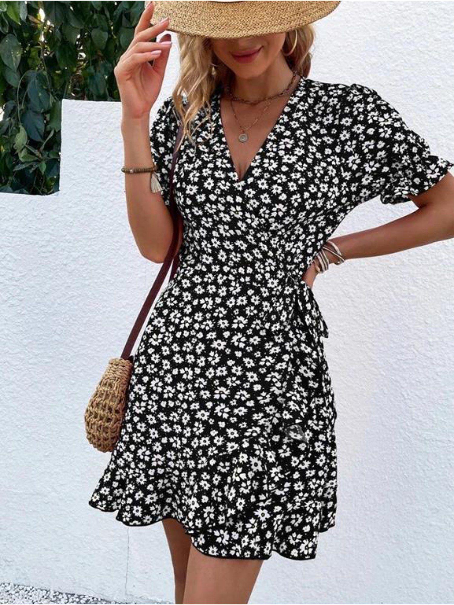 women fit & flared floral print printed black mini dress