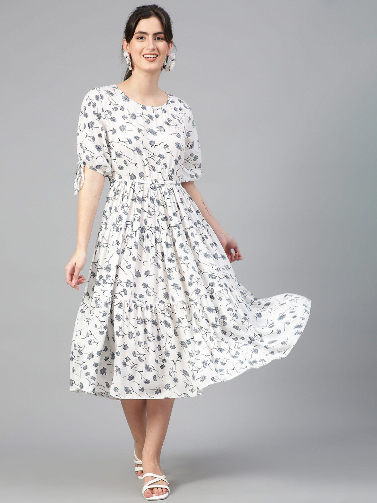 women fit & flared floral print white midi dress