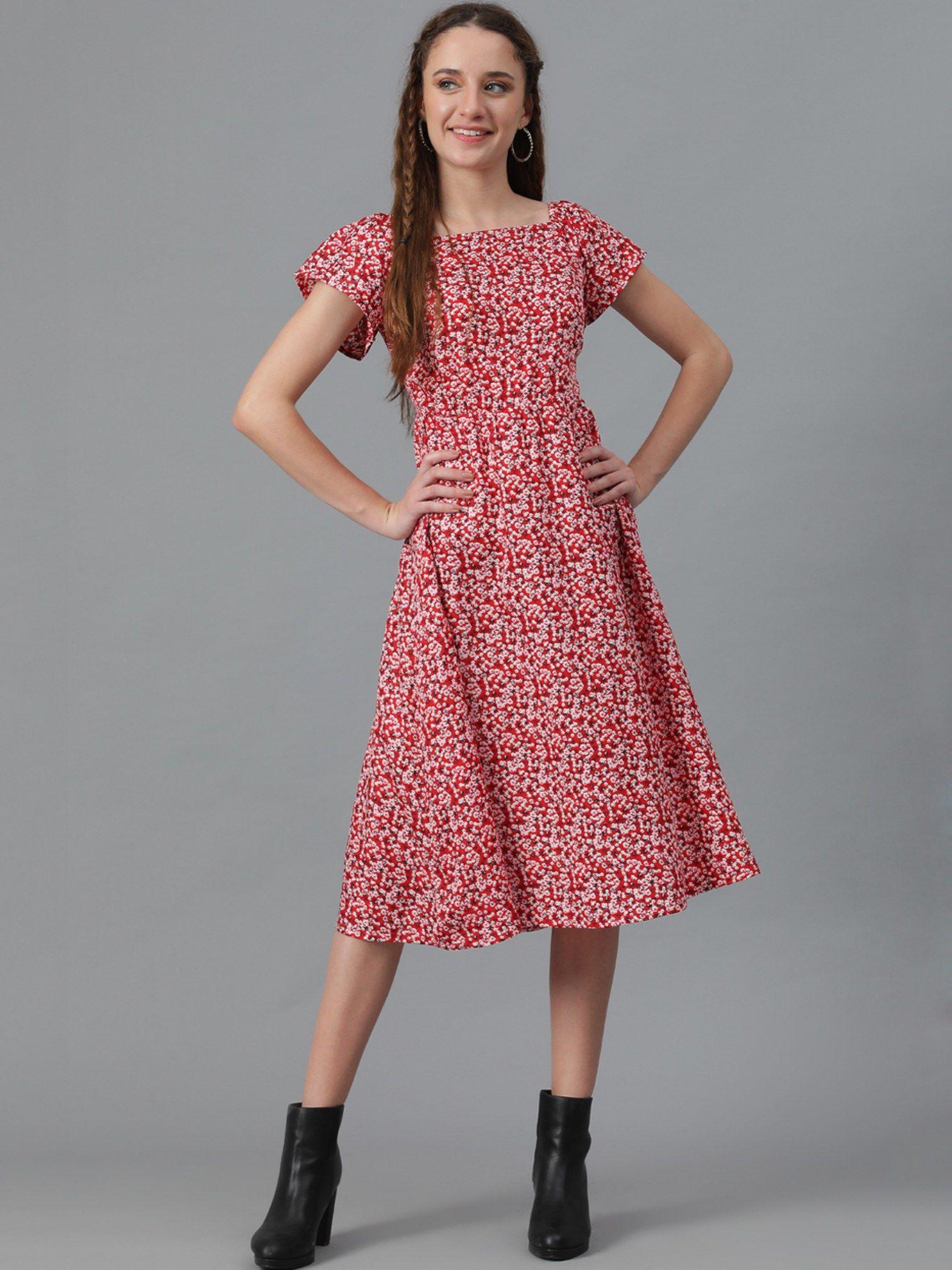 women fit & flared floral printed red midi dress