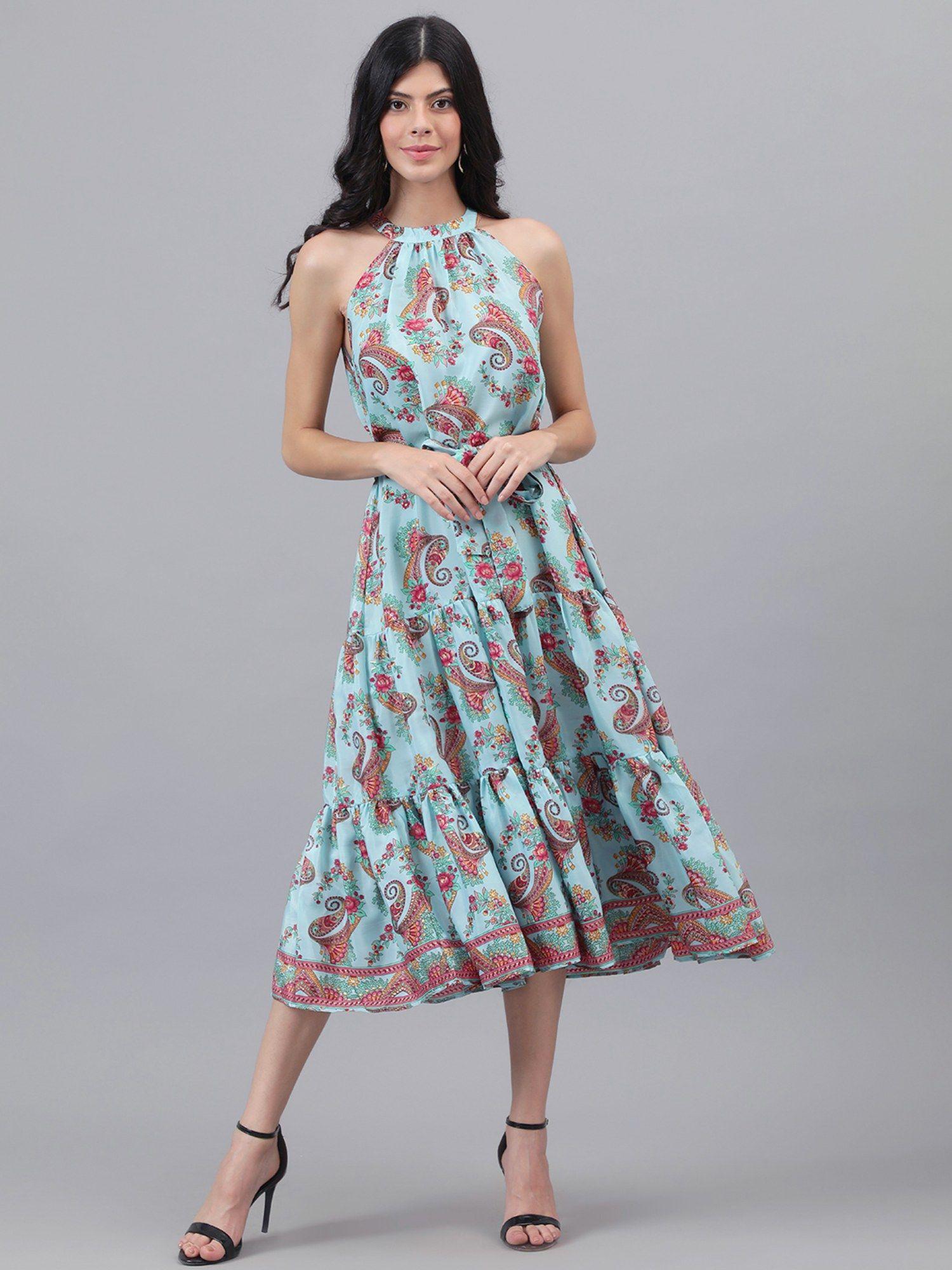 women fit & flared paisley print blue midi dress