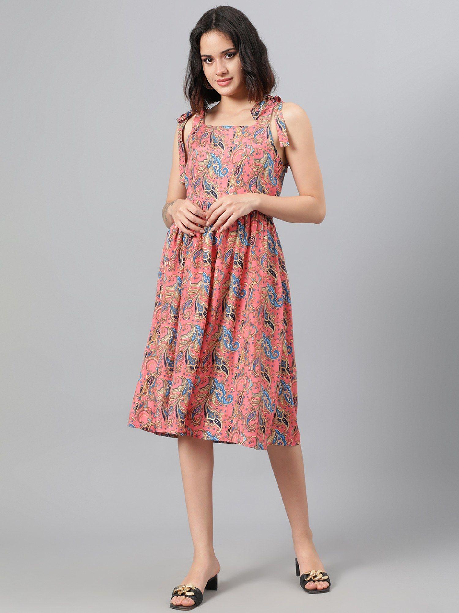 women fit & flared paisley print pink knee length dress