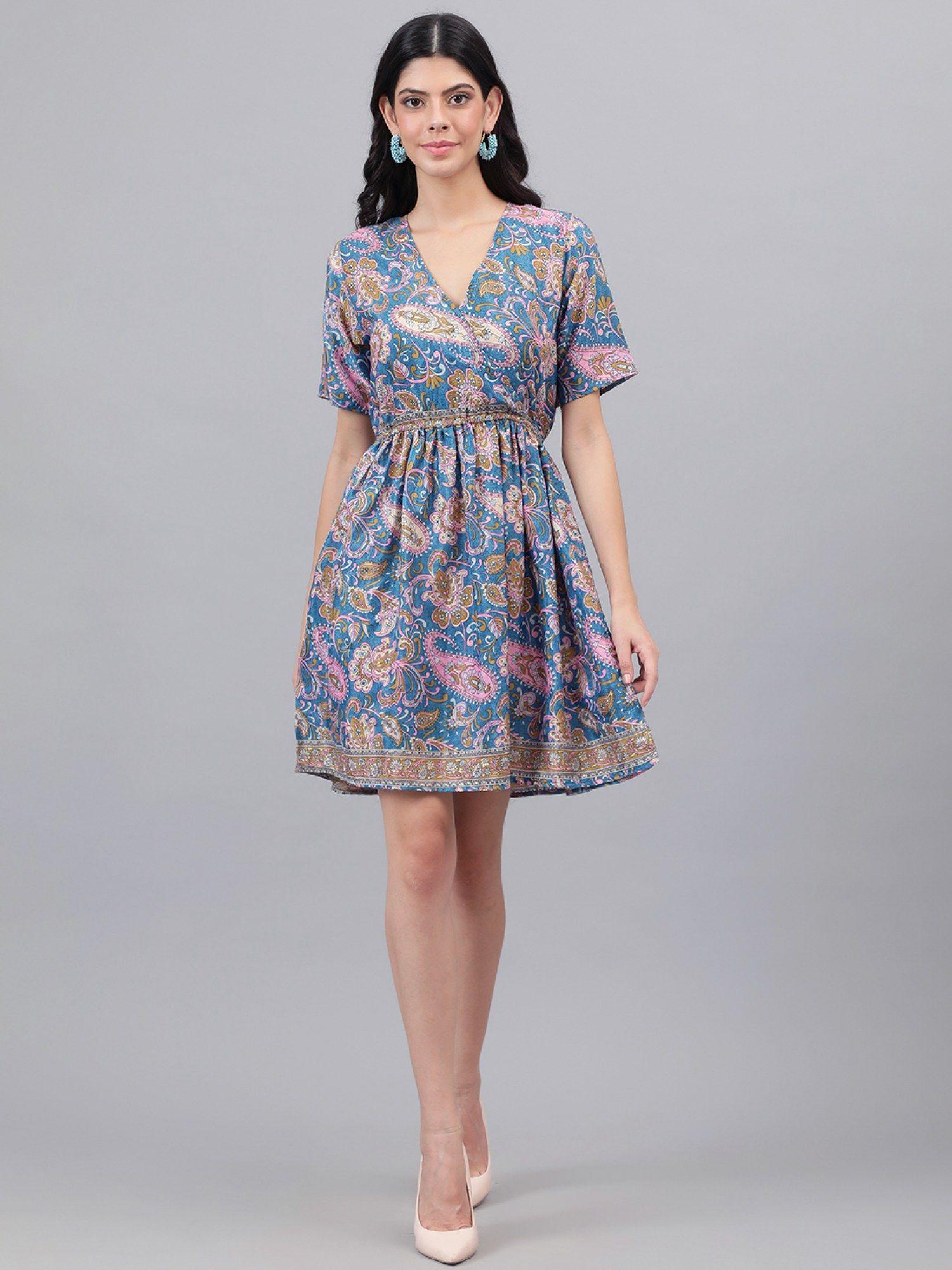 women fit & flared paisley print printed blue mini dress