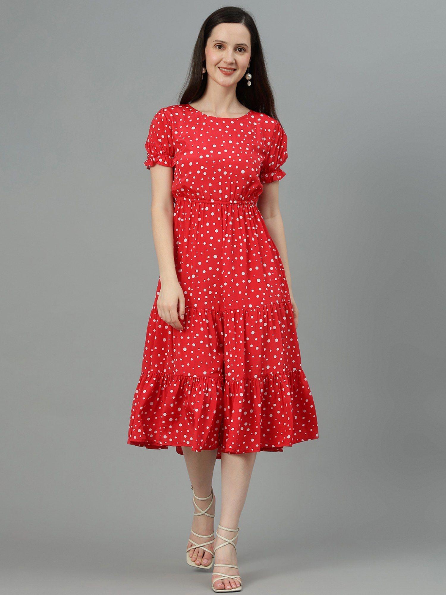 women fit & flared polka dot print midi dress