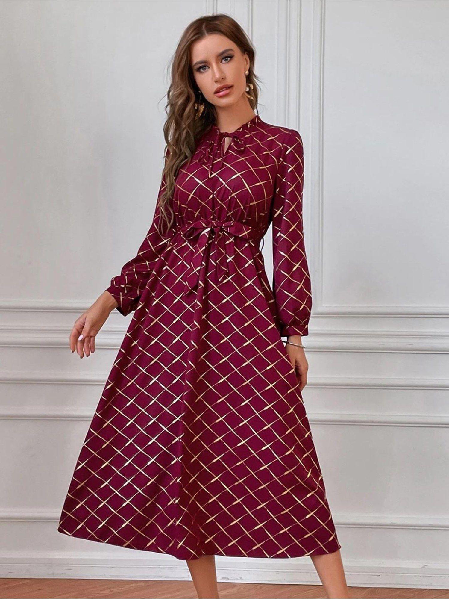 women fit & flared printed maroon maxi dress with belt (set of 2)