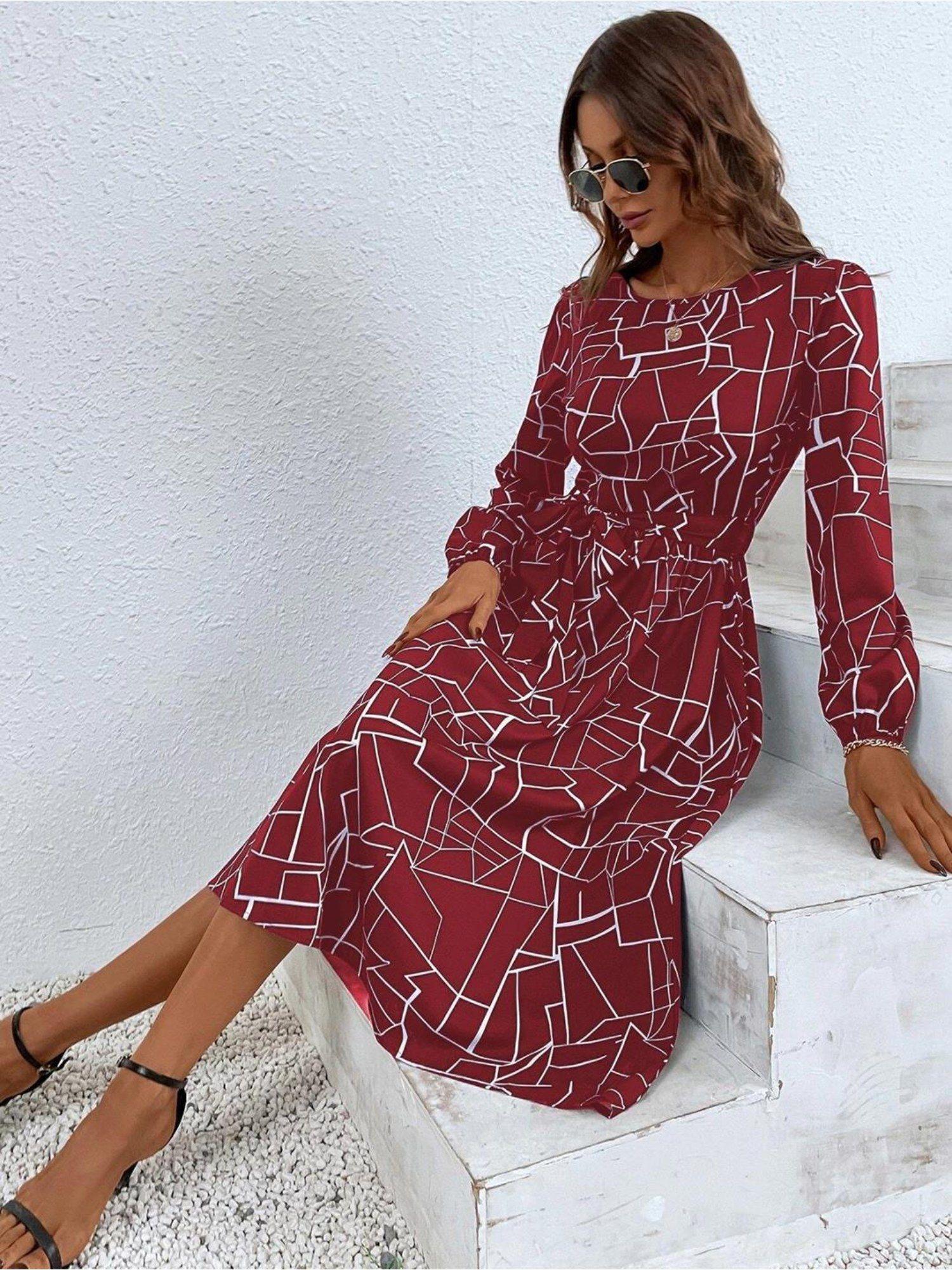 women fit & flared printed maroon midi dress