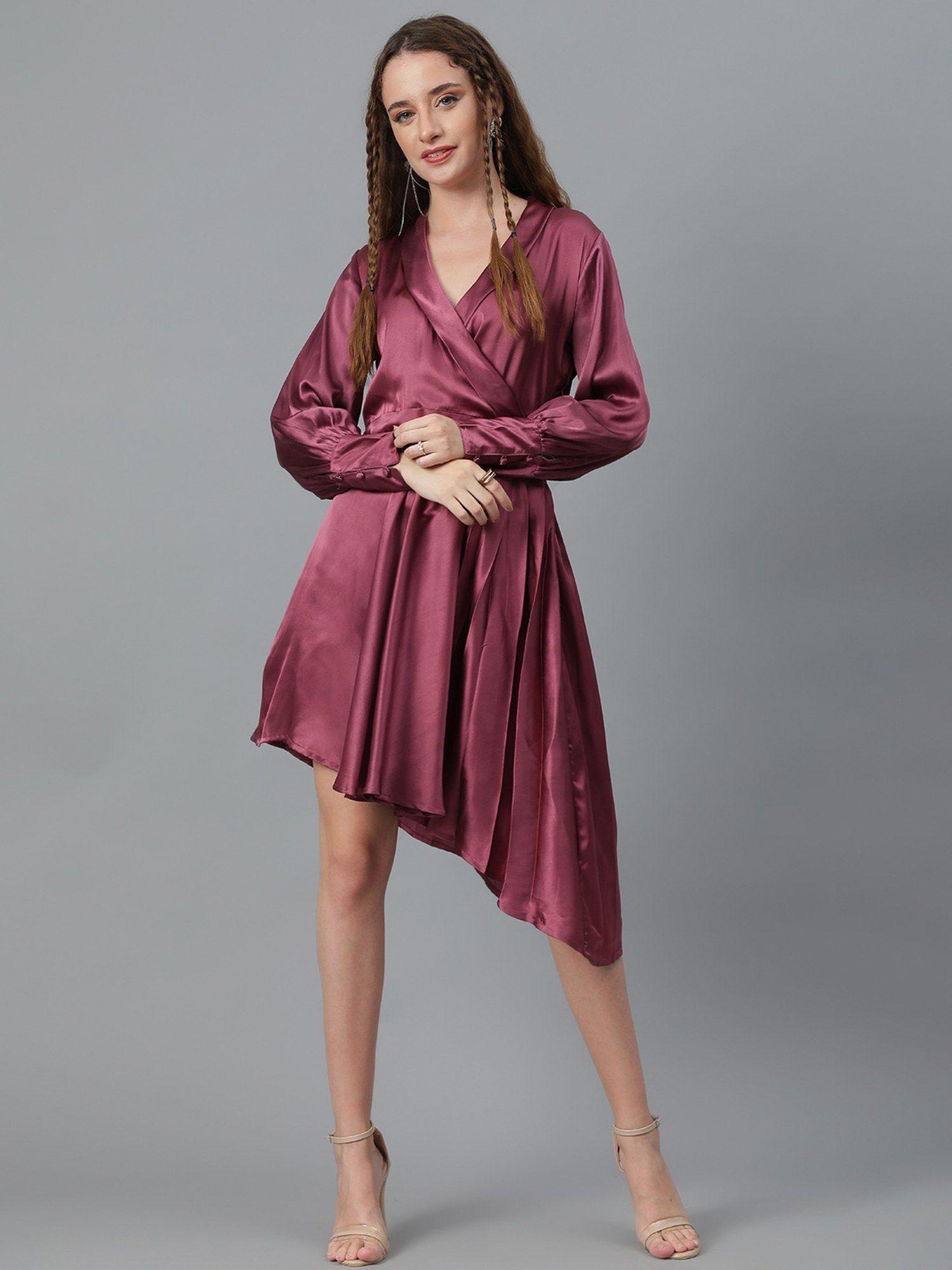 women fit & flared solid knee length dress burgundy pink