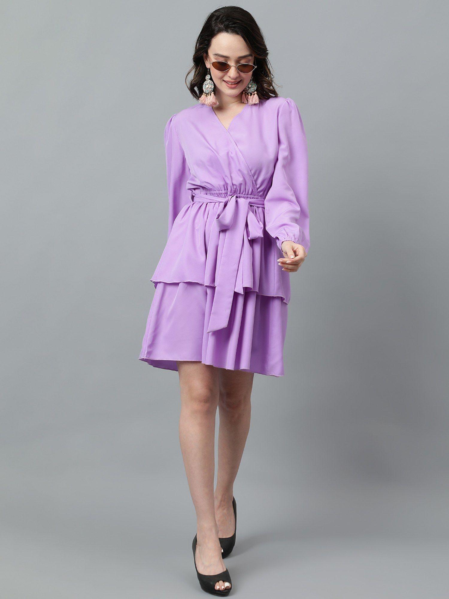 women fit & flared solid purple knee length dress with belt (set of 2)
