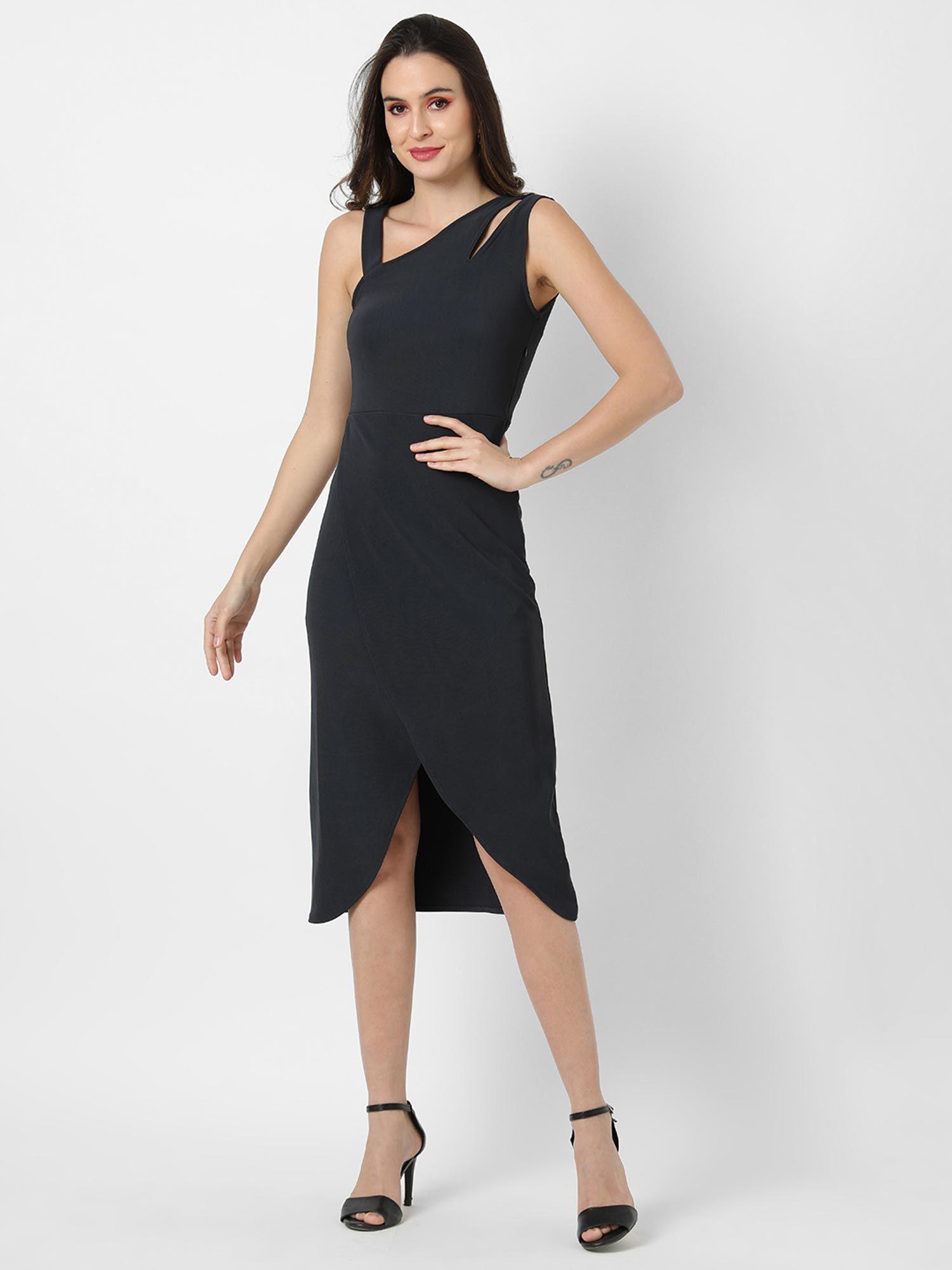 women fit and flare black dress