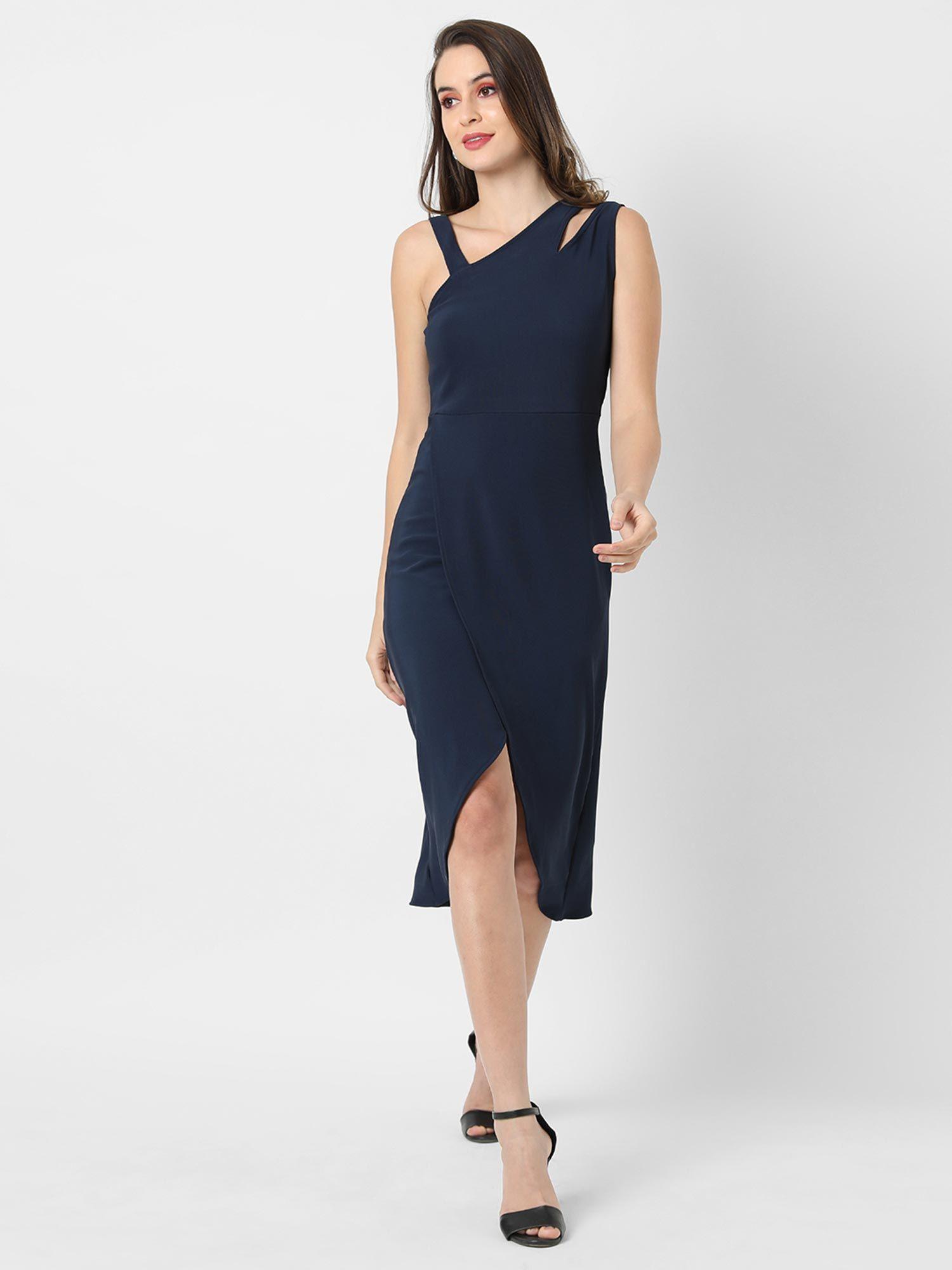 women fit and flare dark blue dress