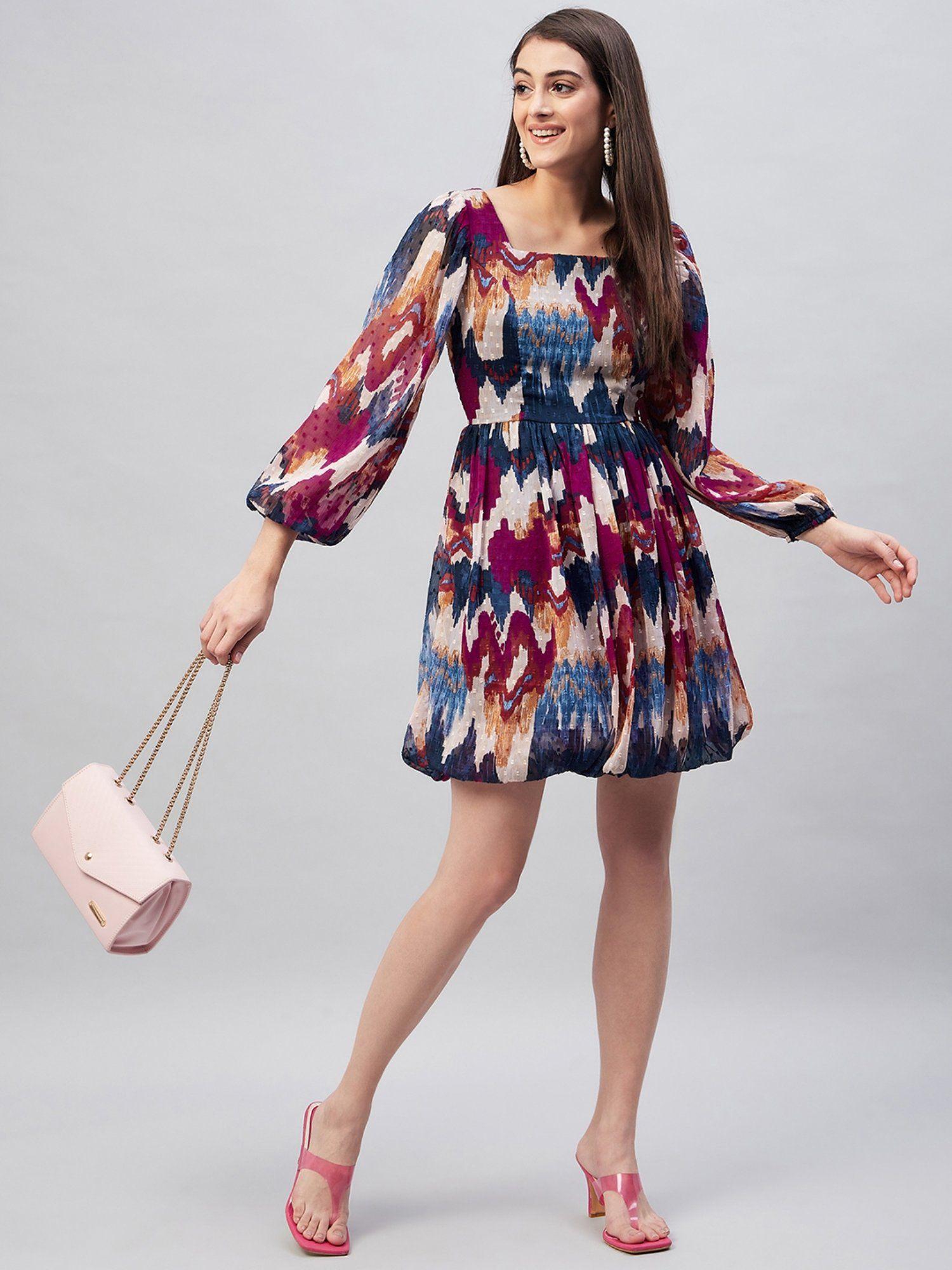 women fit and flare multi-color floral chiffon dress
