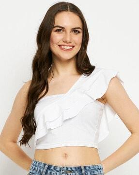 women fitted crop top with ruffled detail