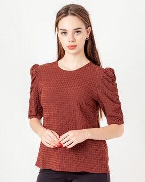 women fitted top with ruched sleeves