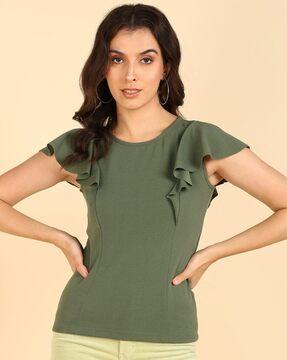 women fitted top with ruffle sleeves