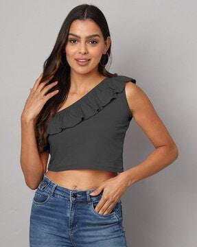 women fitted top with ruffled detail