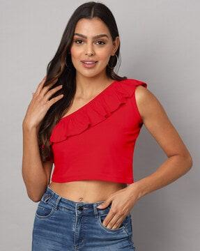 women fitted top with ruffled detail