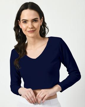 women fitted v-neck top with full sleeves