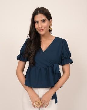 women fitted v-neck wrap top