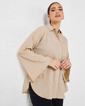 women flare sleeves crepe oversized longline shirt