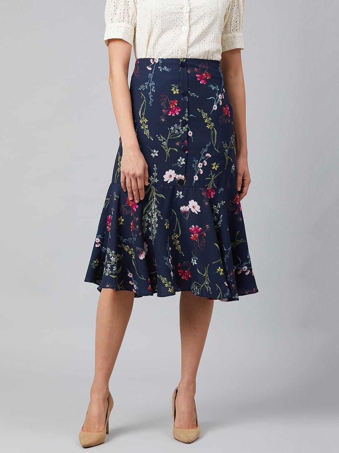 women flared blue colour floral midi skirt