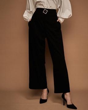 women flared flat-front pants with insert pockets